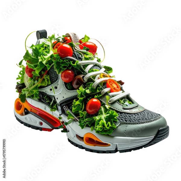 Fototapeta Shoe filled with salad, tomatoes, and lettuce. Creative food concept