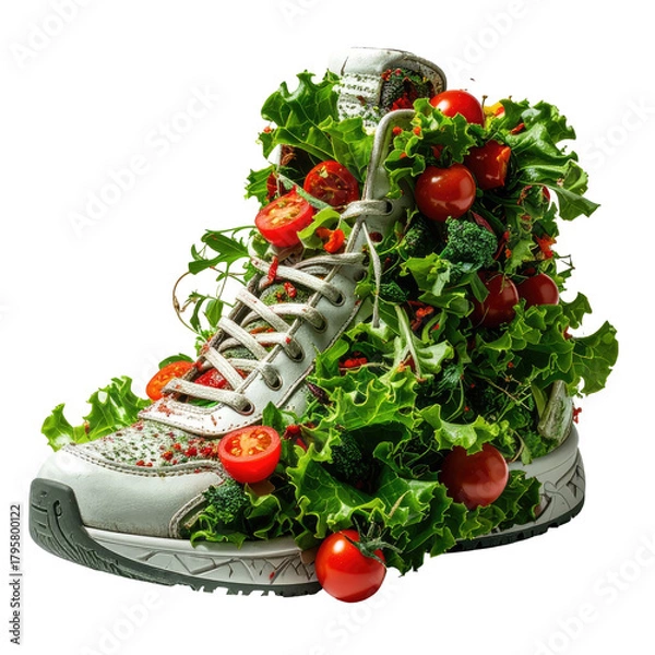 Fototapeta Sneaker filled with fresh greens and tomatoes, a surreal food art