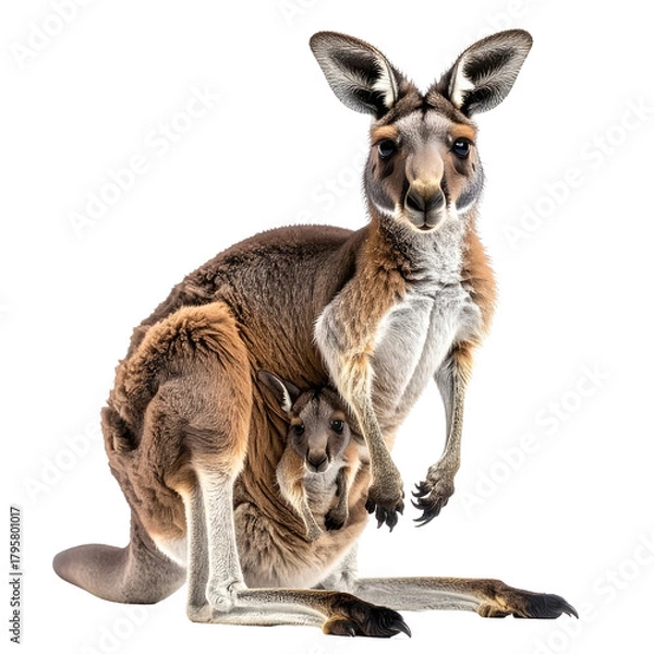 Fototapeta Kangaroo with joey in pouch, isolated on black background