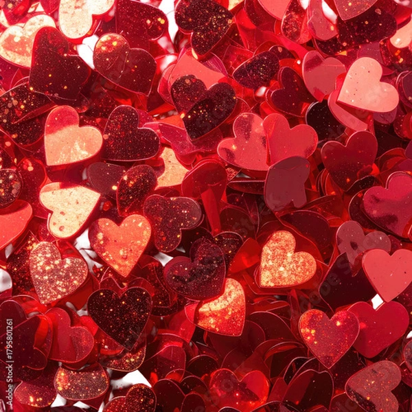 Fototapeta Red heart-shaped confetti background, shiny, festive