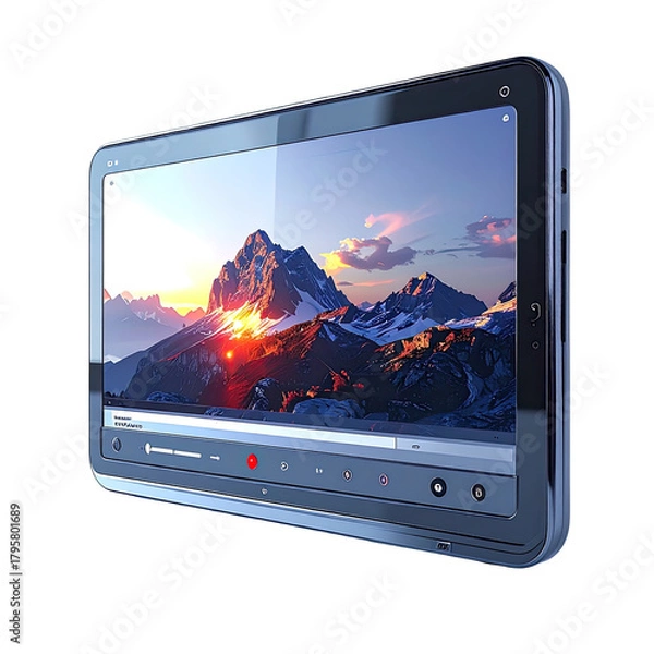 Fototapeta Screen shows snowy mountains, sunset sky, media player interface