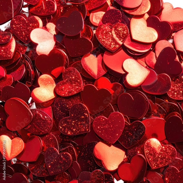 Fototapeta Many red heart confetti scattered, filling the frame, close-up view