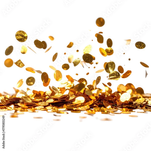 Fototapeta Gold coins scattered, piled on surface, against black background