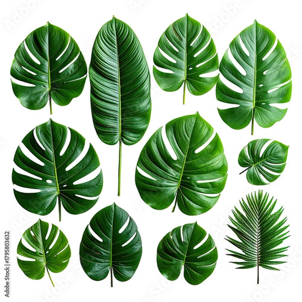 Fototapeta Tropical Flora Collection of lush green leaves against a stark black backdrop