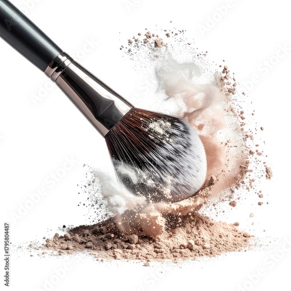Fototapeta Brush touches powder. Cloud bursts around it. Isolated on black