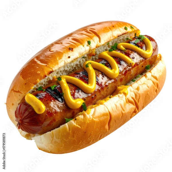 Obraz Hotdog Grilled sausage in a bun, drizzled with mustard