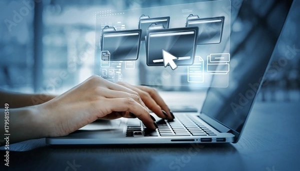 Obraz Person typing on laptop with digital file folders overlay access archive