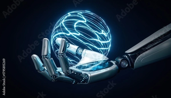 Fototapeta Robotic Hand Holding Digital Globe Representing Global AI Technology