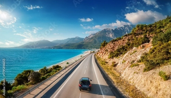 Obraz car driving on the road of europe road landscape in summer it s nice to drive on the beach side highway highway view on the coast on the way to summer vacation turkey trip on beautiful travel road