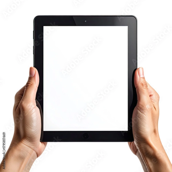 Obraz Hands holding a blank tablet device against a black background