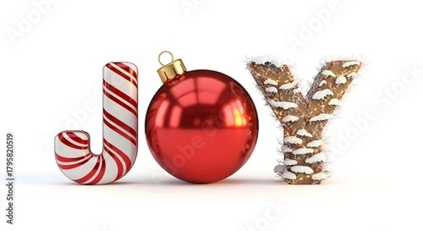 Fototapeta Festive holiday word JOY with ornament and candy cane elements, bringing holiday greetings and cheerful vibe.