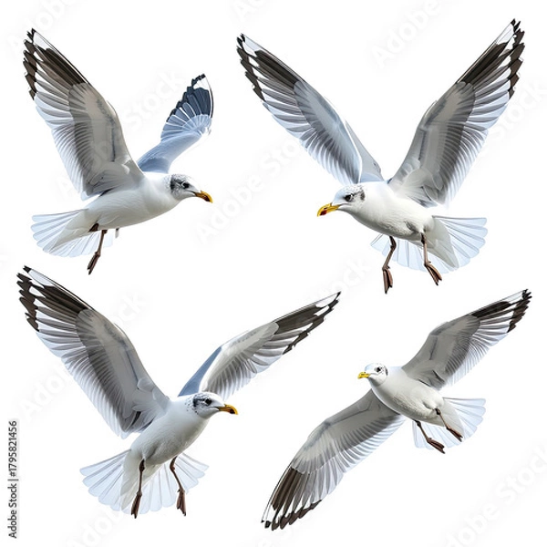 Obraz Four seagulls soar, wings spread, against a dark background