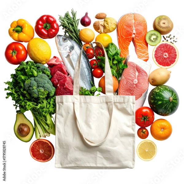 Obraz Groceries overflow in a bag, full of fresh, colorful, healthy produce