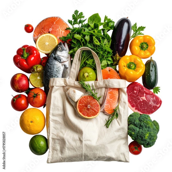 Obraz Grocery-filled bag surrounded by fresh produce and proteins
