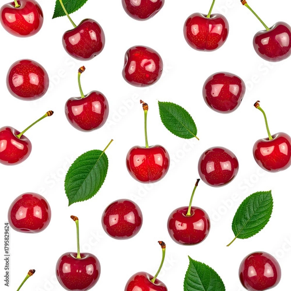 Obraz Red cherries & green leaves scattered across a dark background