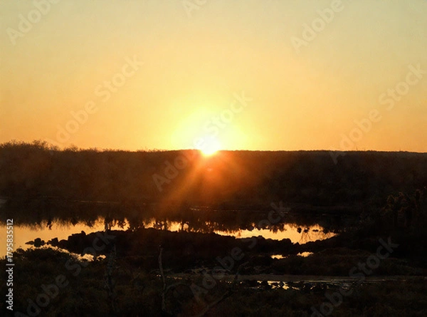 Obraz Golden Sunset Over Serene Waters and Distant Horizon