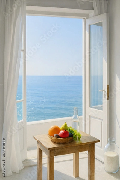Obraz Cinematic Ocean view from an open window of a hotel or a resort. A wooden table with fruits and milk for leisure.