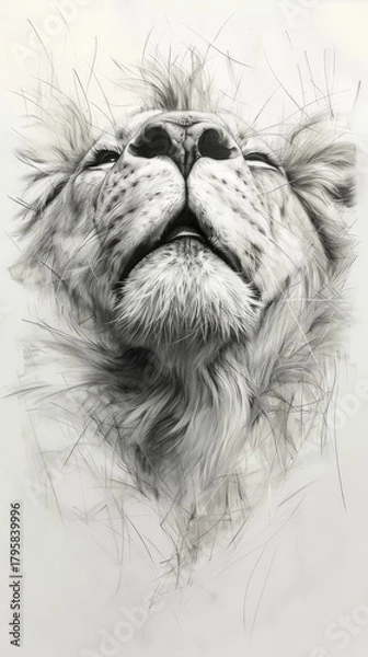 Fototapeta A powerful low-angle drawing of a majestic lion's head. Vertical realistic black and white pencil sketch of a wild big cat with a proud expression.