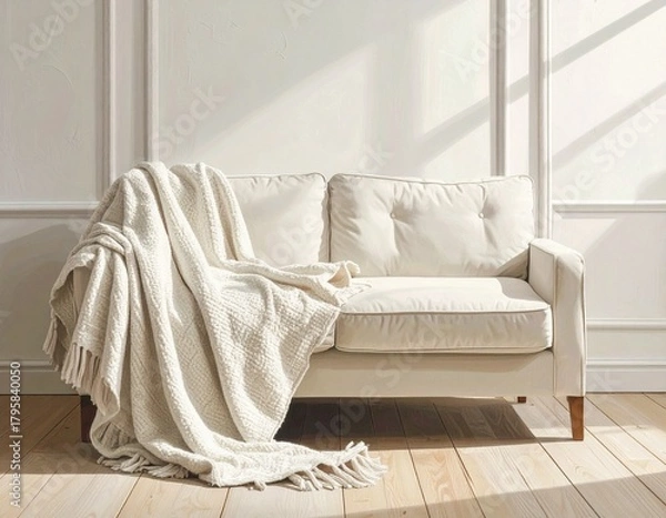 Fototapeta Sunlit Close-Up of a Minimalist White Sofa with a Cozy Fringed Throw