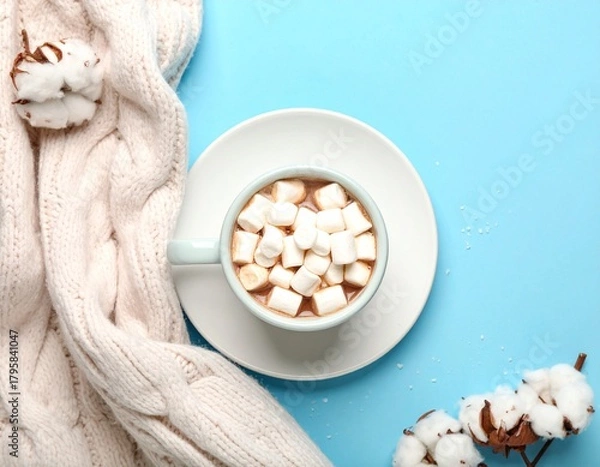 Fototapeta Cozy Winter Hot Chocolate with Marshmallows and Knit Blanket on Blue Background