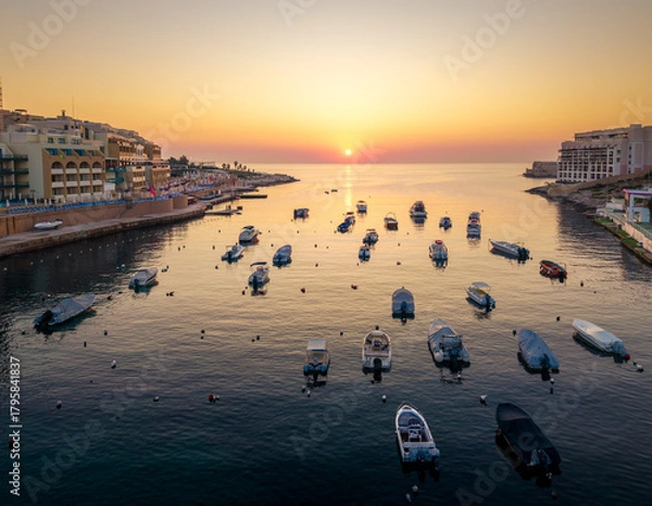 Obraz Beautiful sunset over calm waters in Paceville, Malta with boats at rest