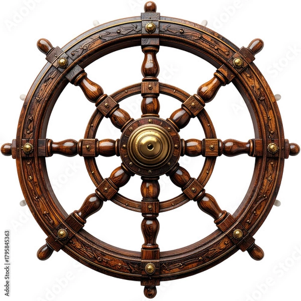 Fototapeta Intricate wood ship's wheel with ornate detailing, brass accents