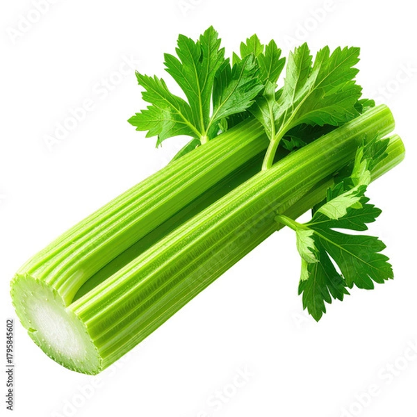 Fototapeta Fresh green stalks of celery with leafy tops on dark background