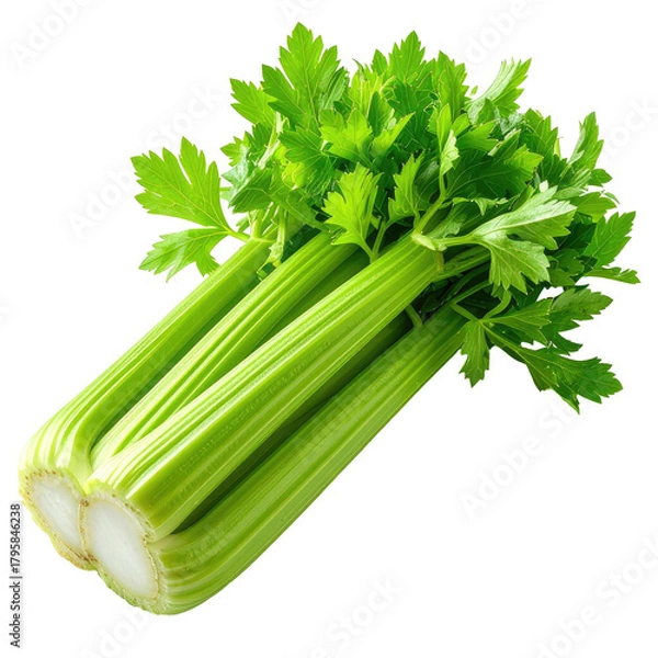 Fototapeta Fresh green celery stalks bundled together, with leafy tops