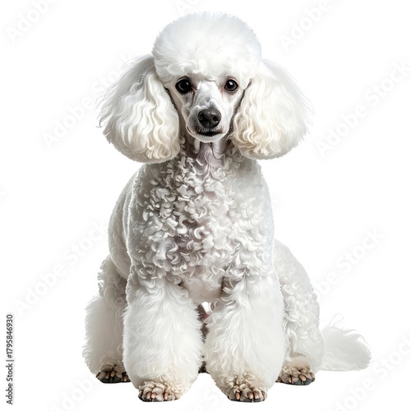 Fototapeta Elegant White curly haired poodle sitting and looking forward