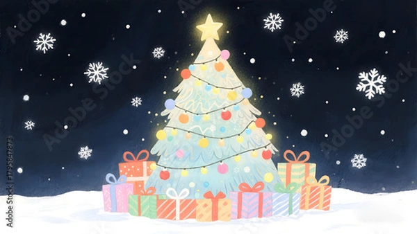 Fototapeta A festive Christmas tree surrounded by gifts in a snowy winter scene. Perfect for holiday cards and seasonal designs.