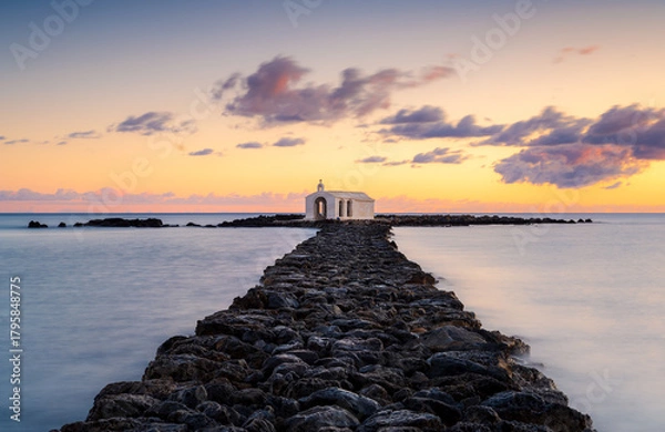 Obraz Sunset over the rocky path to the church in Agios Nikolaos, Crete