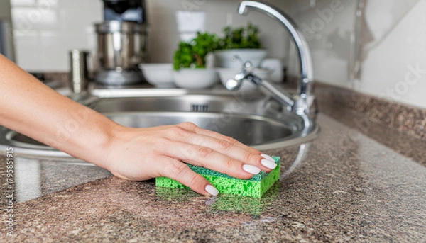 Obraz Cleaning kitchen with sponge
