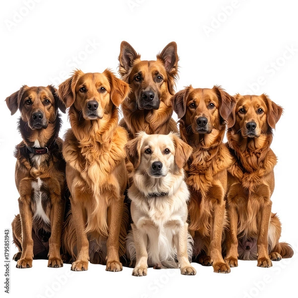 Obraz Group of dogs, varied breeds, seated together, looking at the viewer