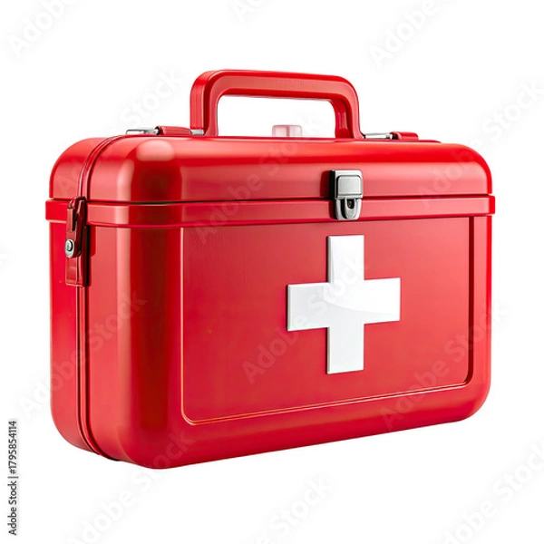 Obraz Red medical kit with white cross, handle on top and shiny background
