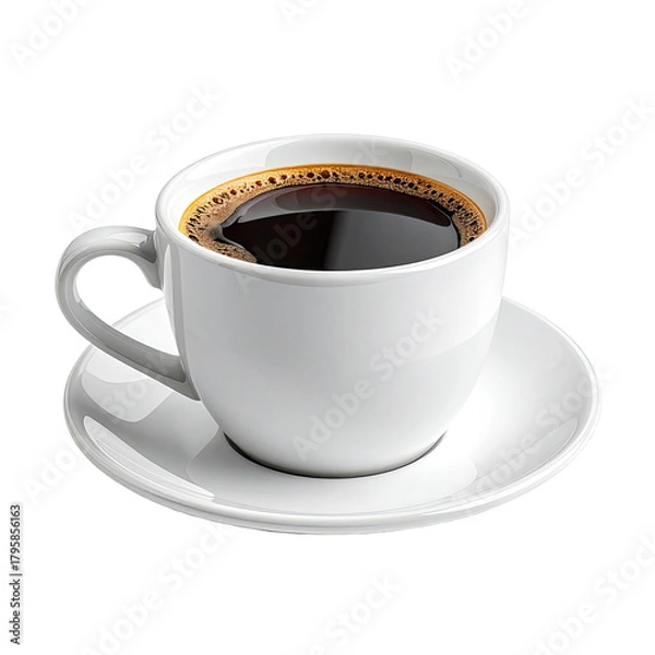 Obraz Coffee Dark liquid in white cup, saucer, handle, against black