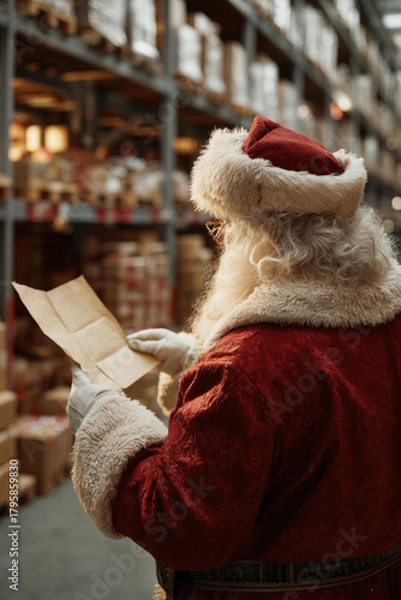 Fototapeta Santa Claus reading writing on gift checklist in warehouse surrounded by storage boxes