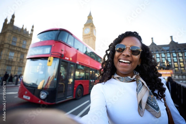 Fototapeta Smiling african millennial woman taking a selfie in London with a red double-decker bus and Big Ben in the background. Travel portrait that conveys joy, sightseeing and city energy.