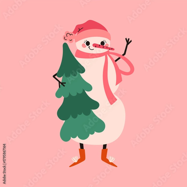 Fototapeta Cheerful pink Christmas snowman in warm hat and boots with a little green tree. Holiday season. Vector illustration.