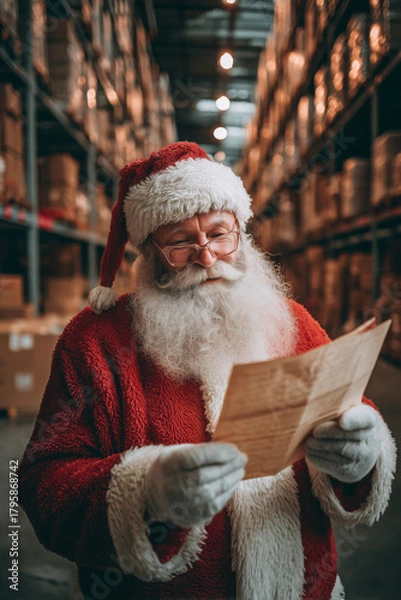 Fototapeta Santa Claus reading writing on gift checklist in warehouse surrounded by storage boxes