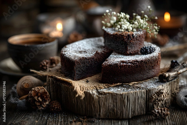 Fototapeta Kladdkaka. Traditional Swedish moist chocolate cake on old rustic wooden table decorated dry twigs, pine cones and birch bark. Fika. Hygge