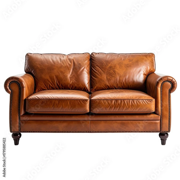 Fototapeta Two-seater brown leather sofa with cushions, dark wood legs, nailhead trim