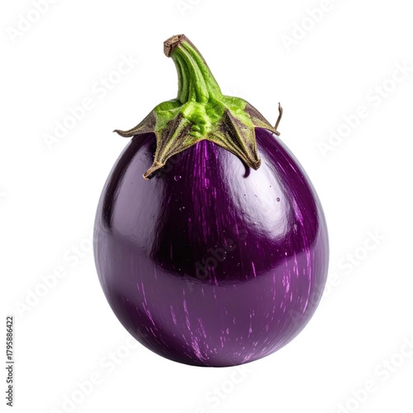 Fototapeta Round eggplant with a shiny purple skin against a stark black backdrop