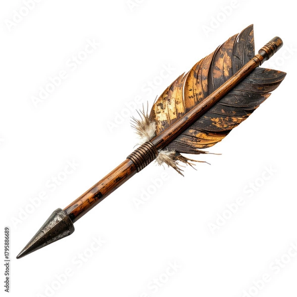 Fototapeta Ornate arrow with fletching, metal tip & shaft on black background