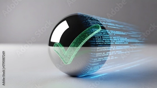 Obraz Shiny sphere with green checkmark and data stream