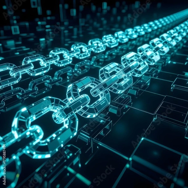 Obraz Digital blockchain network with glowing blue chains and circuit board background