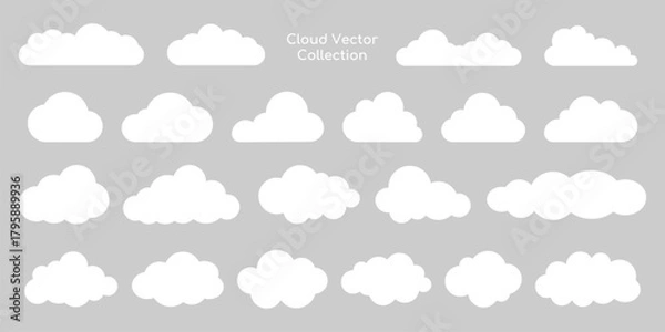 Fototapeta Vector cloud collection featuring various cloud shapes. Cloud design elements on a gray background. Perfect for cloud-themed projects and cloud illustrations. Weather illustration, vector set.