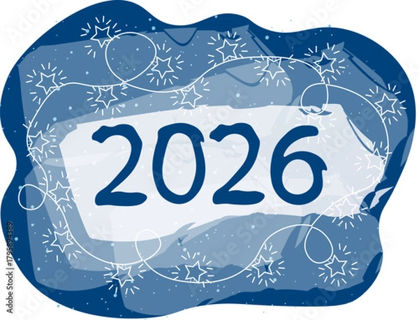 Fototapeta Winter background with snowflakes and lanterns with stars. New Year's inscription 2026. Vector stock illustration. doodle style