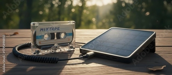 Obraz Vintage cassette plugged into portable solar charger on table
