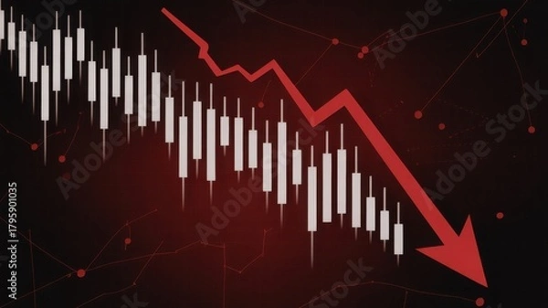 Obraz Financial downturn symbolized by a falling red arrow with candlestick charts in dark. The image conveys economic decline and market instability
