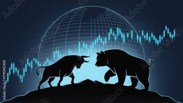 Obraz A conceptual image symbolizing the stock market with a bull and a bear in a trading environment. This striking image features the silhouette of a bull and a bear facing each other.